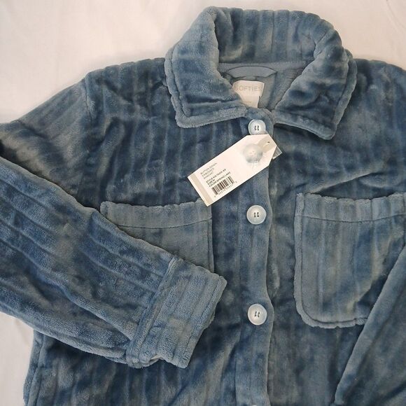 Softies Button Down Fleece Embossed Shacket Plush Shirt Jacket size M Blue NWT - Picture 1 of 8